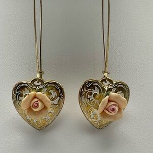 Pink and Gold tone Heart Dangle Earrings with Floral Details